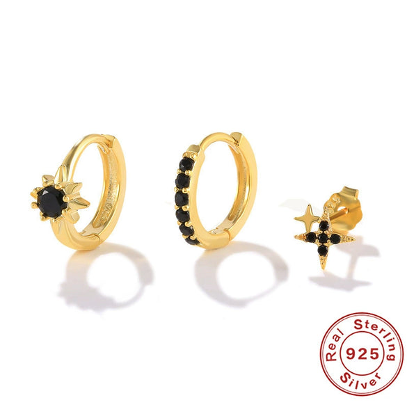 Basic Stacked Threepiece Set Of Sterling Silver Earrings With Stars And Love Shapes Electroplated