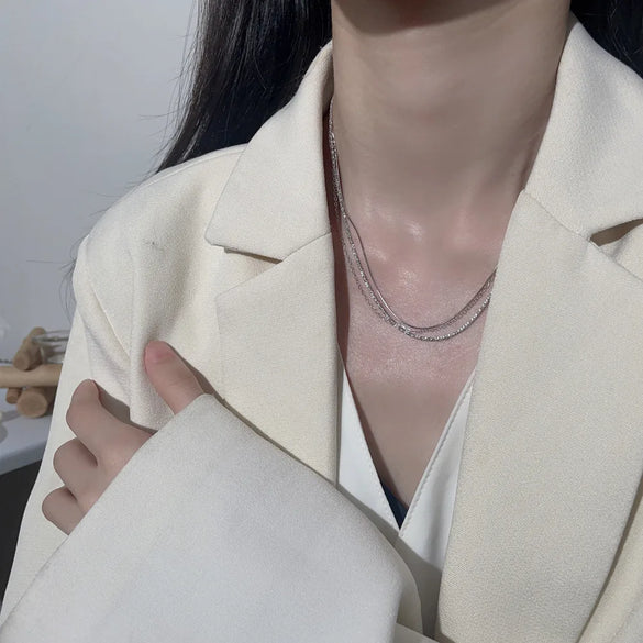 Basic Waves Sterling Silver White Gold Plated Three Layer Necklace In Bulk