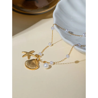 Beach Classic Style Starfish Shell 304 Stainless Steel Plating Inlay Pearl 18K Gold Plated Women's Anklet