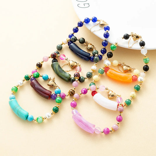 Beach Heart Shape Alloy Natural Stone Beaded Metal Button Bracelets