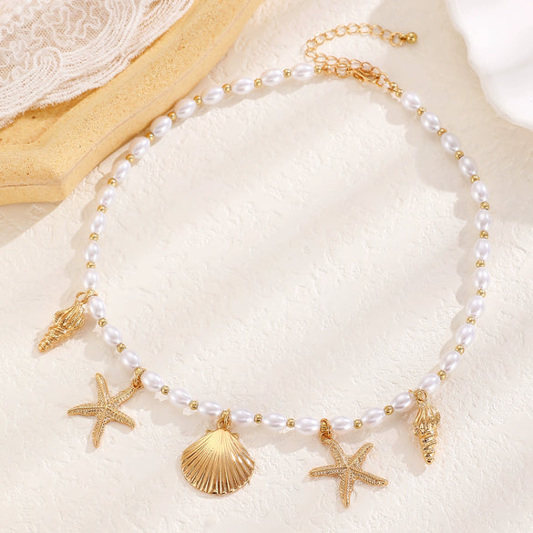 Beach Necklace Pendant Alloy Ccb Electroplating Animal Zodiac Starfish Conch Shell Imitation Pearl Beads For Women