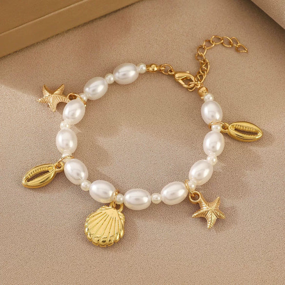 Beach Necklace Pendant Alloy Ccb Electroplating Animal Zodiac Starfish Conch Shell Imitation Pearl Beads For Women
