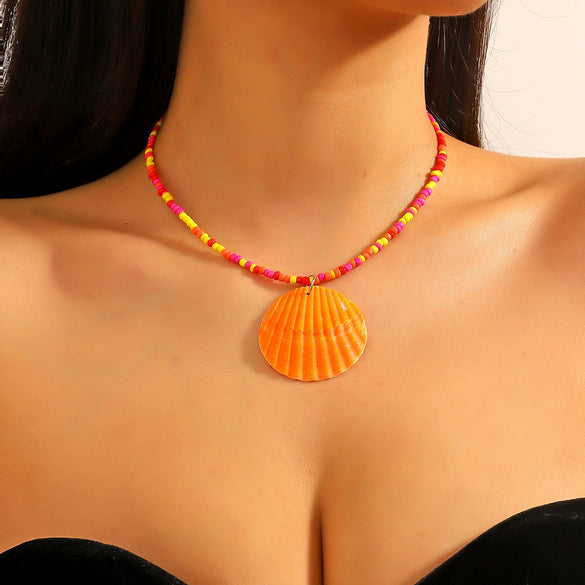Beach Ocean Style Fishtail Shell Pendant Necklace With Beads Polish Finished Women's Jewelry