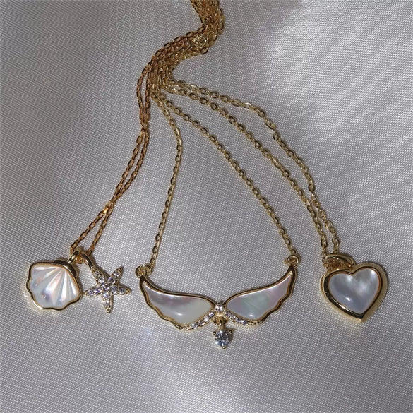 Beach Starfish And Conch Pendant Necklace Copper Electroplated 18K Gold Color Geometric Style For Women