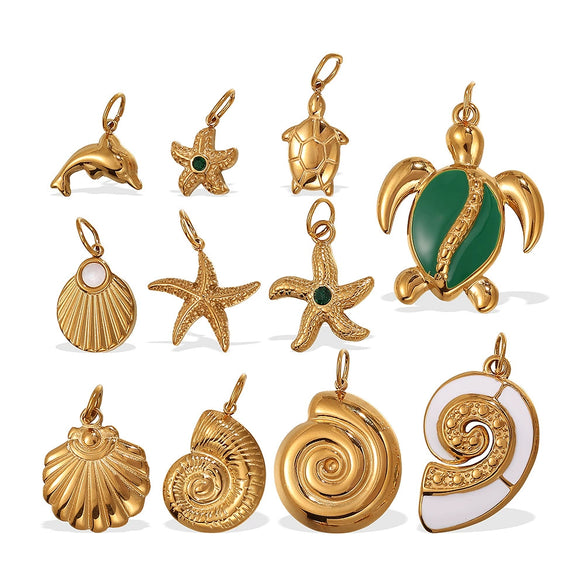 Beach Starfish Conch Pendant Necklace 316L Stainless Steel 18K Gold Plated Eight Eyes Pattern
