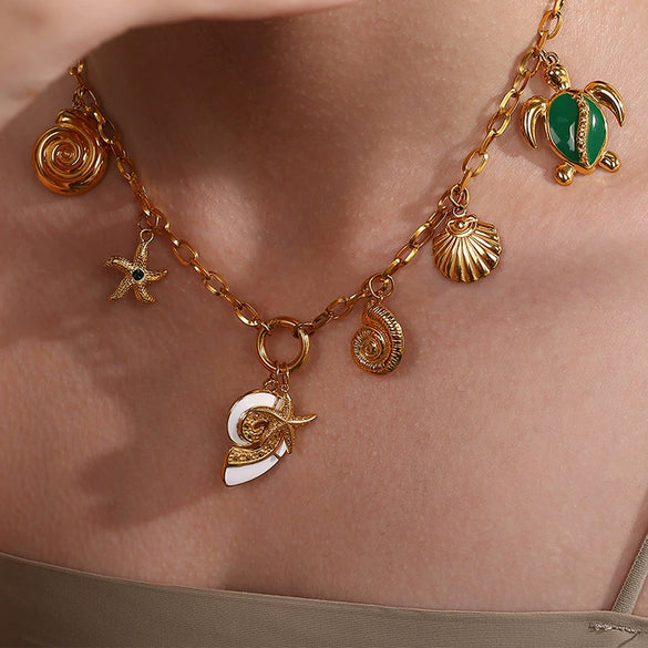 Beach Starfish Conch Pendant Necklace 316L Stainless Steel 18K Gold Plated Eight Eyes Pattern