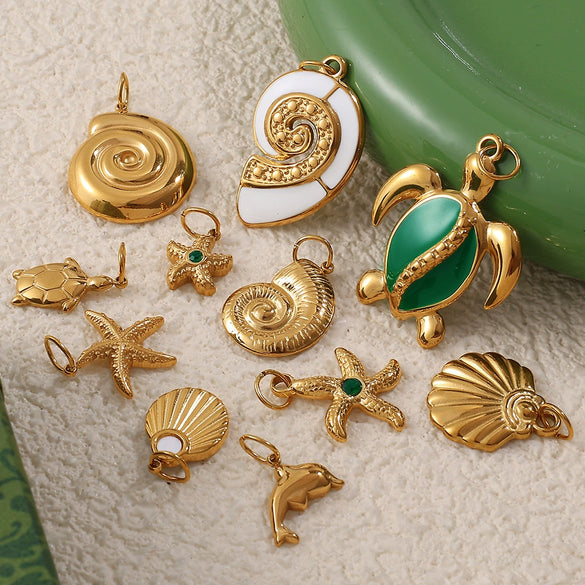 Beach Starfish Conch Pendant Necklace 316L Stainless Steel 18K Gold Plated Eight Eyes Pattern