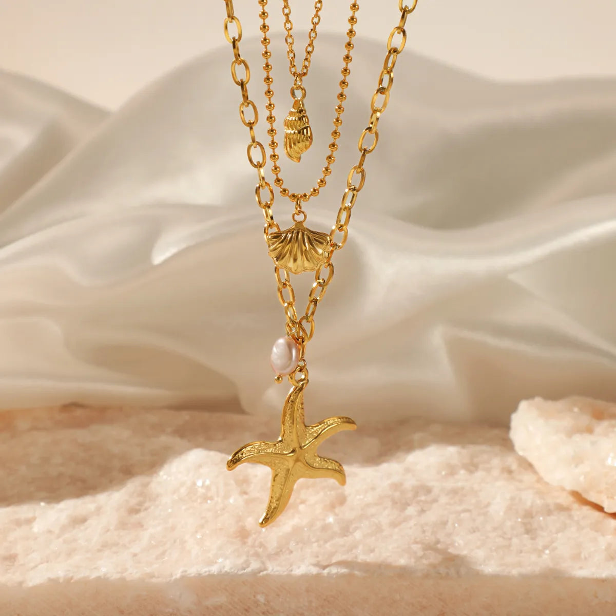 Beach Starfish Conch Shell Stainless Steel Plating Artificial Pearls Layered Necklaces