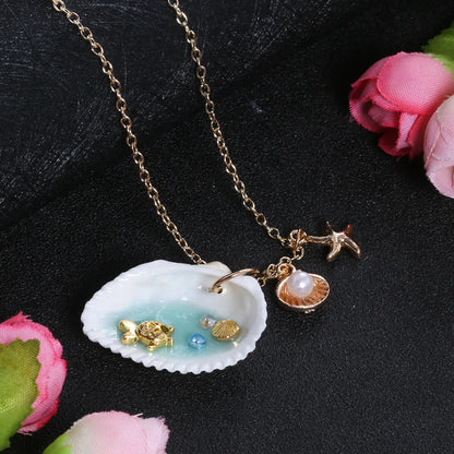 Beach Starfish Shell Alloy Shell Plating Inlay Artificial Pearls Women'S Pendant Necklace