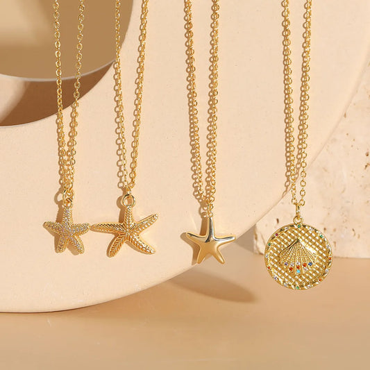 Beach Starfish Shell Copper Inlay Zircon 14k Gold Plated Pendant Necklace