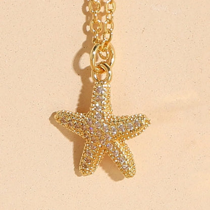 Beach Starfish Shell Copper Inlay Zircon 14k Gold Plated Pendant Necklace