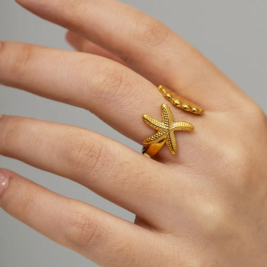 Beach Starfish Shell Stainless Steel 18k Gold Plated Open Ring In Bulk