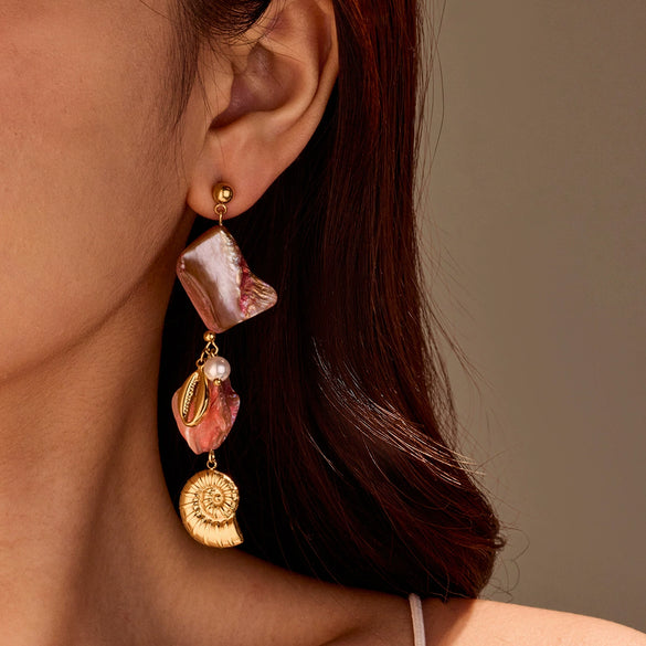 Beach Style Shell Tassel Conch Pearl Stainless Steel And 18K Electroplated Earrings