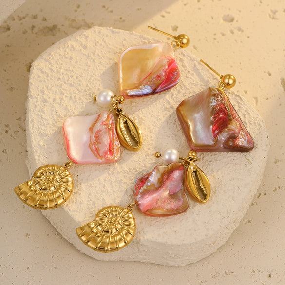 Beach Style Shell Tassel Conch Pearl Stainless Steel And 18K Electroplated Earrings
