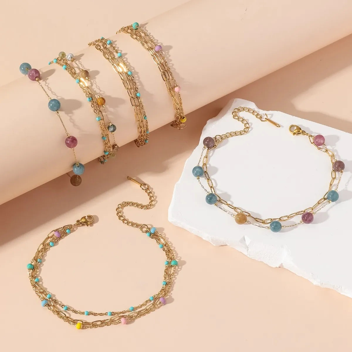 Beach Tropical Cool Style Geometric Colorful Splicing 304 Stainless Steel Inlay Natural Stone 18K Gold Plated Women'S Bracelets Anklet