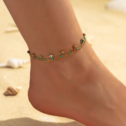 Beach Tropical Cool Style Geometric Colorful Splicing 304 Stainless Steel Inlay Natural Stone 18K Gold Plated Women'S Bracelets Anklet