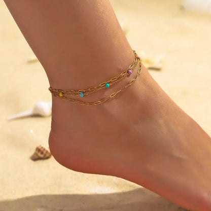 Beach Tropical Cool Style Geometric Colorful Splicing 304 Stainless Steel Inlay Natural Stone 18K Gold Plated Women'S Bracelets Anklet