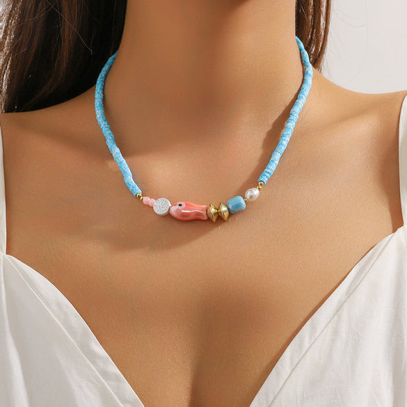 Beaded Bohemian Women's Necklace With Artificial Crystal Ceramic Pendant Electroplated Ball Chain Constellation Heart Flower Drop Shape Geometric Design