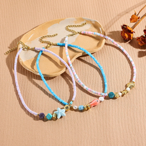 Beaded Bohemian Women's Necklace With Artificial Crystal Ceramic Pendant Electroplated Ball Chain Constellation Heart Flower Drop Shape Geometric Design