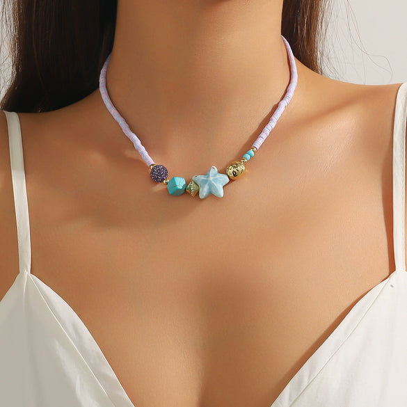 Beaded Bohemian Women's Necklace With Artificial Crystal Ceramic Pendant Electroplated Ball Chain Constellation Heart Flower Drop Shape Geometric Design