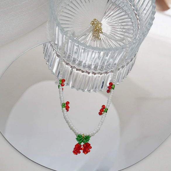 Beaded Cherry Flower Crystal Woven Necklace And Bracelet For Women With Fruit Pattern