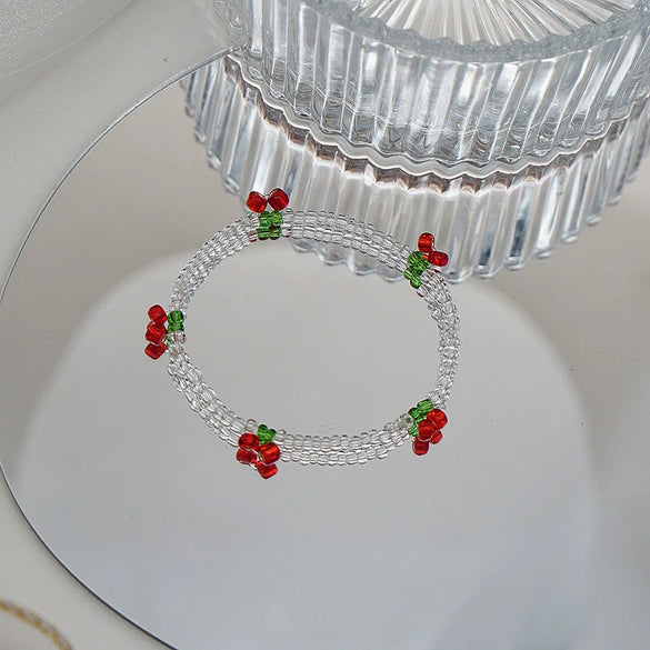Beaded Cherry Flower Crystal Woven Necklace And Bracelet For Women With Fruit Pattern