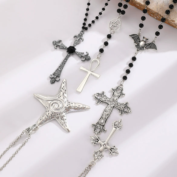 Beaded Clavicle Chain Necklace Alloy Material Dark Gothic Style Multilayered Abi Tassel Pearl Electroplated