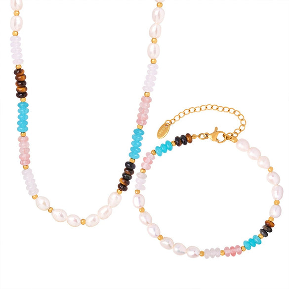 Beaded Handmade Natural Stone Necklace And Bracelet With Geometric Style