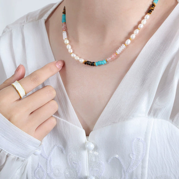 Beaded Handmade Natural Stone Necklace And Bracelet With Geometric Style