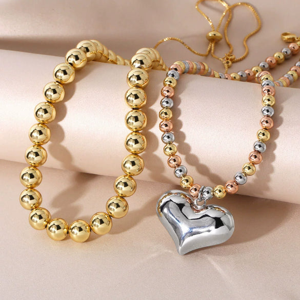 Beaded Heart Necklace Copper Gold Plated Hip Hop Clavicle Chain