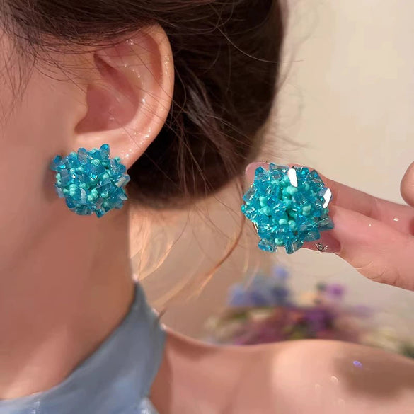 Beaded Hydrangea Flower Earrings Set With Crystal For Women