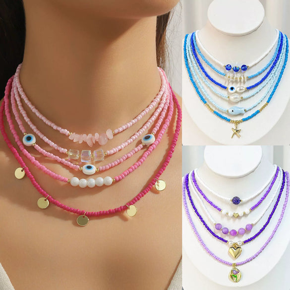 Beaded Necklace Clavicle Chain Imitation Pearl Alloy Heart Flowers Geometric Design Diamond Style For Women