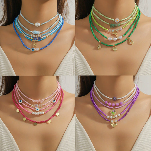 Beaded Necklace Clavicle Chain Imitation Pearl Alloy Heart Flowers Geometric Design Diamond Style For Women