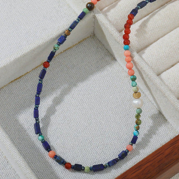 Beaded Necklace Lapis Lazuli Red Agate Stainless Steel Geometric Handmade For Women