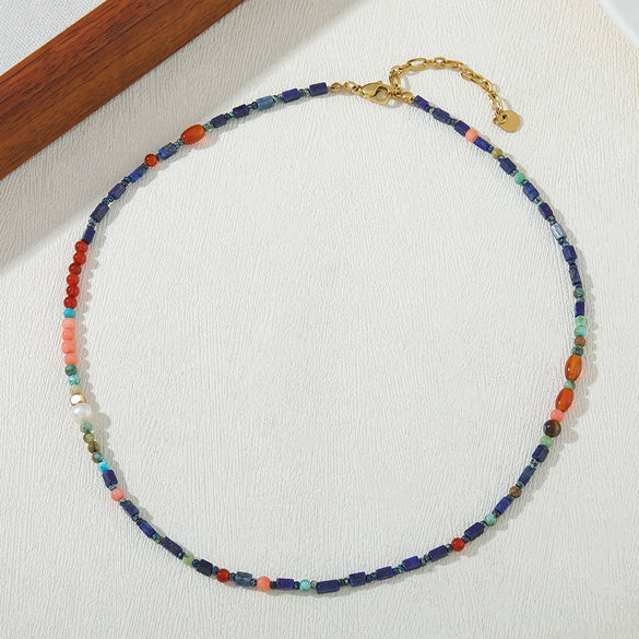 Beaded Necklace Lapis Lazuli Red Agate Stainless Steel Geometric Handmade For Women