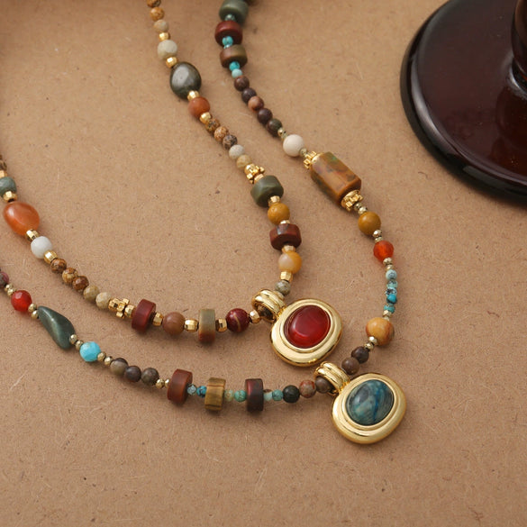 Beaded Necklace Natural Stone Geometric Vintage Handmade Women's