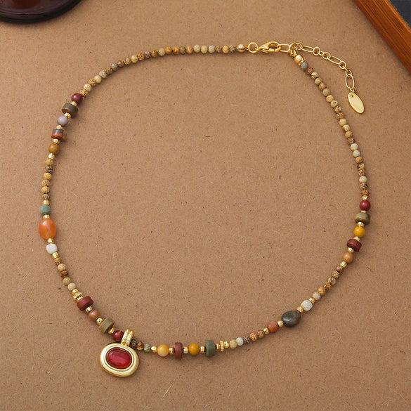 Beaded Necklace Natural Stone Geometric Vintage Handmade Women's