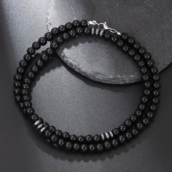 Beaded Necklace Stainless Steel Black Frosted Faceted Black Agate Hiphop Punk Handmade Unisex