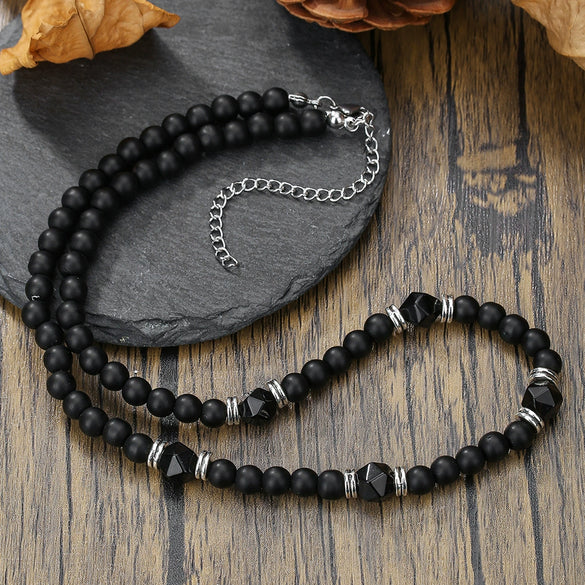 Beaded Necklace Stainless Steel Black Frosted Faceted Black Agate Hiphop Punk Handmade Unisex