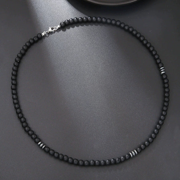 Beaded Necklace Stainless Steel Black Frosted Faceted Black Agate Hiphop Punk Handmade Unisex