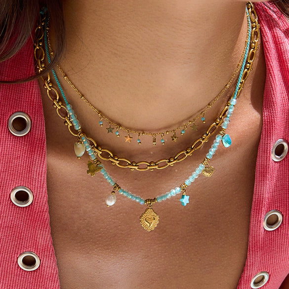 Beaded Necklace Stainless Steel Goldplated Star Style
