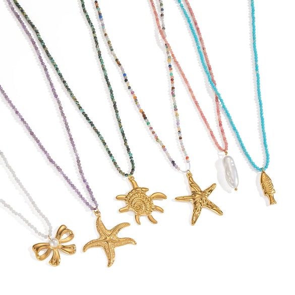 Beaded Simple Fashionable Matching Starfish Turtle Bow Fish Pearl Necklace For Girls Handmade With Electroplating Stainless Steel Material In Animal Zodiac Shape