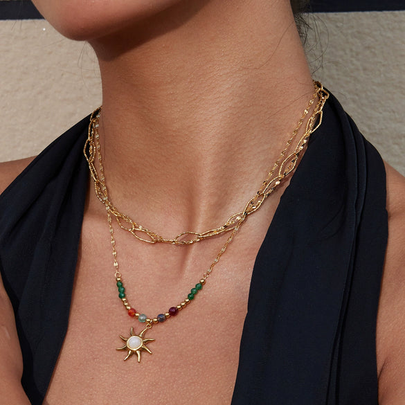 Beaded Stainless Steel Geometric Hollow Hammer Pattern Electroplating Necklace For Women