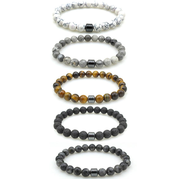 Beaded Unisex Tiger Eye Volcanic Map Stone Geometric Bracelet With Polish Finish