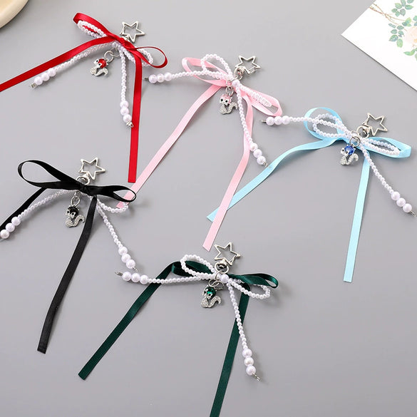 Beads Pearl Ribbon Bow Keychain Pendant Jewelry Purely Handmade