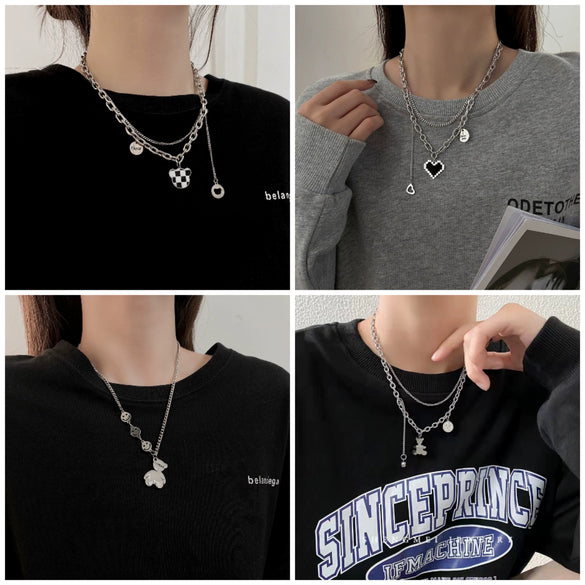 Bear Double Layer Titanium Steel Necklace Hip Hop Geometric Pendant Sweater Chain For Women And Men