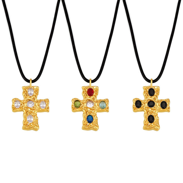 Beat Patterned Glass And Titanium Steel Cross Necklace With Black Rope 18K Gold Plated Pvd Finish