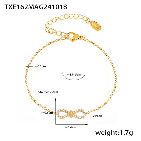 Beautiful Niche Double Clavicle Necklace Bracelet Set Stainless Steel With Zircon Pvd Electroplating For Women Literary Style