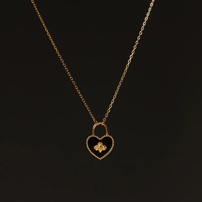 Bee Heart Lock Black Titanium Steel Plated 18k Gold Necklace Clavicle Chain