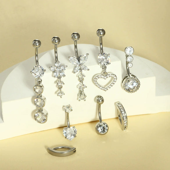 Belly Button Ring Stainless Steel Copper Inlaid Zircon Constellation Electroplating Heart Shaped Water Drop Style For Women